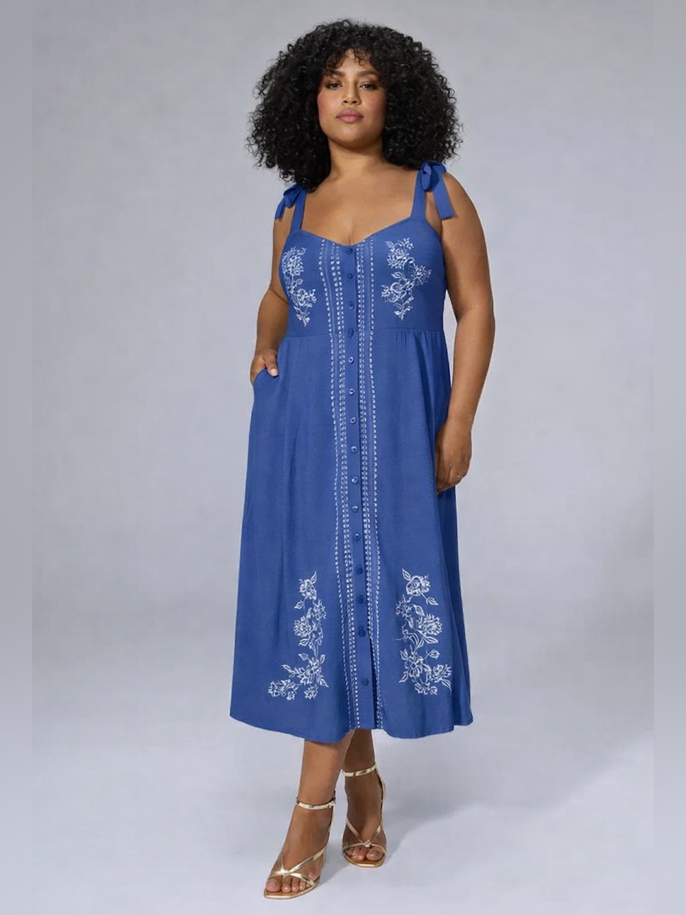 torrid Blue Embroidered Button-Front Tie-Shoulder Midi Dress
